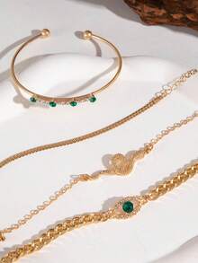 4件套时尚金属锌合金蛇形恶魔眼绿色水钻手链套装，适合女性日常佩戴，也是送给朋友的珠宝礼物。 - 金色 - 查看 7