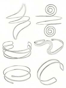6pcs/Set Adjustable Metal Silver Simple Geometric Spiral Arm Cuff Bracelet Set, Summer Vacation Style, Halloween Decoration - 6 chiếc màu bạc - Xem 6