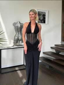 Halter Neck Evening Gown Open Back Draped Pleated Detail Bodycon Mermaid Maxi Formal Dress - Blanco - Ver 11