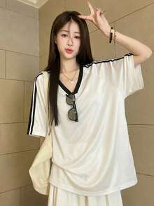 Áo kiểu dệt kim ngắn tay cổ chữ V dáng rộng màu trắng Star River Girl, phong cách tối giản, thích hợp cho mùa hè, ngày Valentine. - 2A14 Trắng và Đen - Xem 8