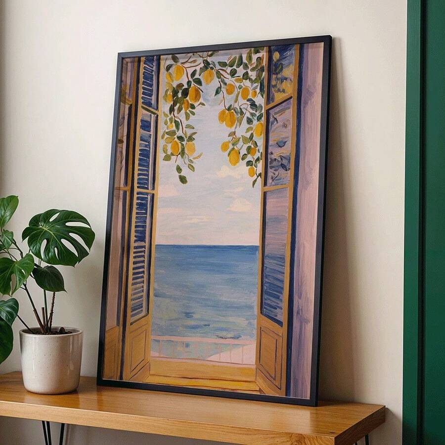 1pc Unframed Posters Of Lemon Trees And Ocean Scenes Perfect For Bedroom Decoration, Living Room Decoration, Wall Decoration, Home Decoration, Room Decoration, Canvas Wall Decoration, Posters - Multicolor - View 1