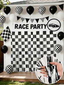1/2 Piezas Cortina de flecos de papel de aluminio a cuadros negros y blancos para decoración de fiestas de cumpleaños, 1 x 2 metros. Una cortina de flecos de papel de aluminio a cuadros negros y blancos como accesorio fotográfico, adecuada para fiestas de cumpleaños con temática de carreras, fondos de habitación, escaparates, regalos, fiestas de carreras y decoraciones de fiestas de cumpleaños - Cuadros blancos y negros - Ver 4