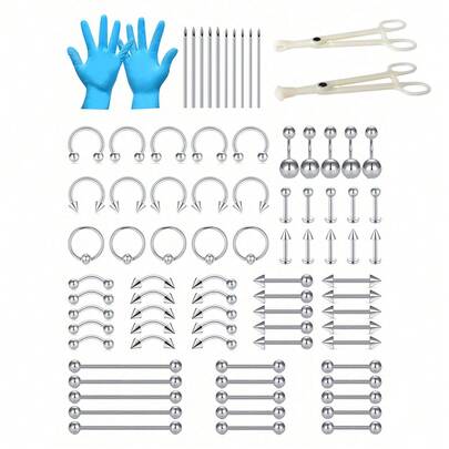 24/42/84pcs Stainless Steel Piercing Kit, Suitable For Navel, Nose, Lip, Tongue, Ear Piercing, Fit All Piercing Locations