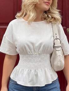 Plus Size Women's V-Neck Ruched Fitted Short Sleeve Top White Summer - White - View 1