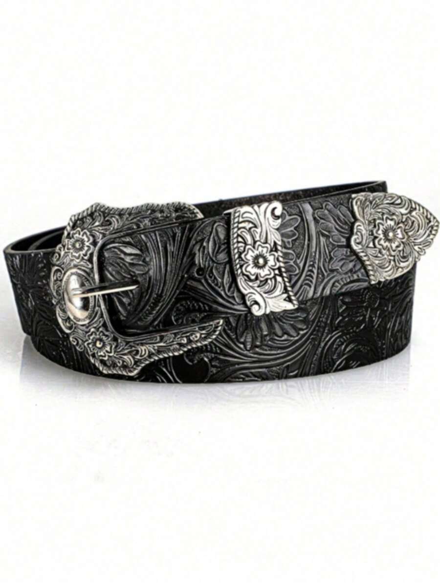 1 chiếc thắt lưng giả da màu đen phong cách Bohemian với khóa hình bầu dục rỗng kiểu cổ điển, phù hợp với váy và trang phục thường ngày. - Đen-B - Xem 1