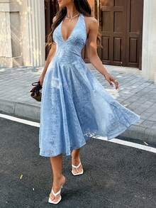 Unadoll 女士春季性感休闲V领系带露背提花面料优雅连衣裙，适合度假、约会、日常穿着、海滩、生日、派对等各种场合，夏季必备 - 藍色 - 查看 3