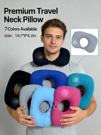1个C型充气旅行枕 - 适用于汽车和飞机上的颈部支撑，也可作为腰垫，是长途飞行和公路旅行的理想之选，舒适的航空配件，优雅的旅行装备，耐用的充气材料，无需额外气泵，只需按压即可充气。
