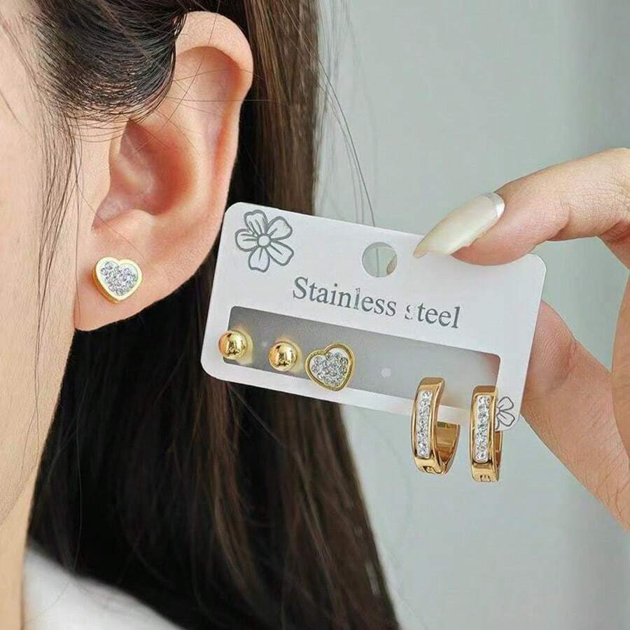 Bộ 3 đôi bông tai đính đá Zirconia sang trọng, bao gồm bông tai hạt tròn và bông tai hình trái tim, thích hợp để đeo hàng ngày, dự lễ hội hoặc làm quà tặng trang sức. - bộ khuyên tai zircon - Xem 1