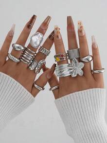6-22pcs/Set Vintage Chunky Asymmetrical Floral Rings Set, Women Daily Wear, Date, Party Gift - Silver - View 14