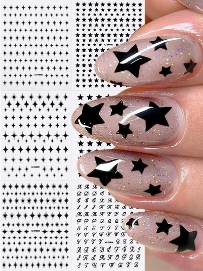 6pcs/Set Black Metallic 3D Star Nail Art Stickers Y2K Pentagram Punk Style Star Slider French Pointed Nail Art Sticker Nail Salon Designs DIY Nail Decoration Stickers For Women