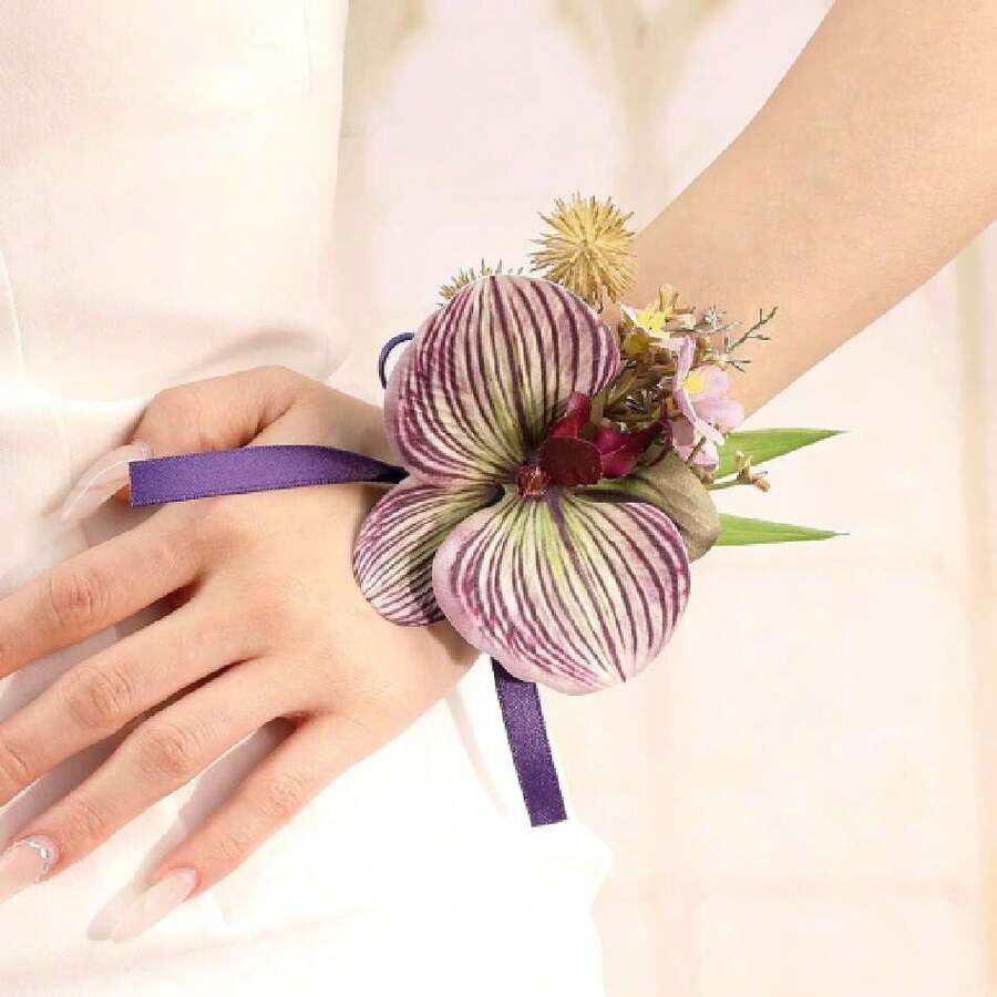 Flower Wrist Corsage Wedding Bridal Prom Artificial Moth Orchid Ribbon Wristlet Bridesmaid Hand Dr Wristband For Hoing Ceremony Party (Orchid -  Brown),44372779 - 紫色 - 查看 1
