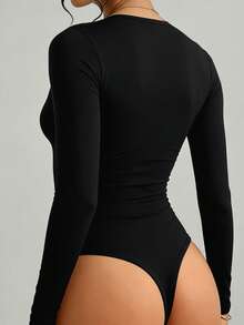 Fyxelle Women's Summer Casual Slim Fit Black Jumpsuit - Round Neck Long Sleeve Design, Double Layer Fabric, Perfect For Daily Workouts And Yoga, Versatile And Flattering Summer Apparel. - Black - View 2