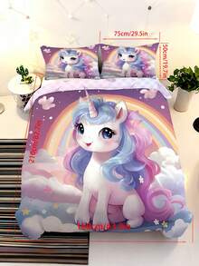 2/3件套可爱粉彩彩虹独角兽床上用品套装，卡哇伊卡通独角兽被套带枕套，梦幻云朵星空印花床品套装，适合女孩和儿童卧室装饰（大号） - 彩色 - 查看 19