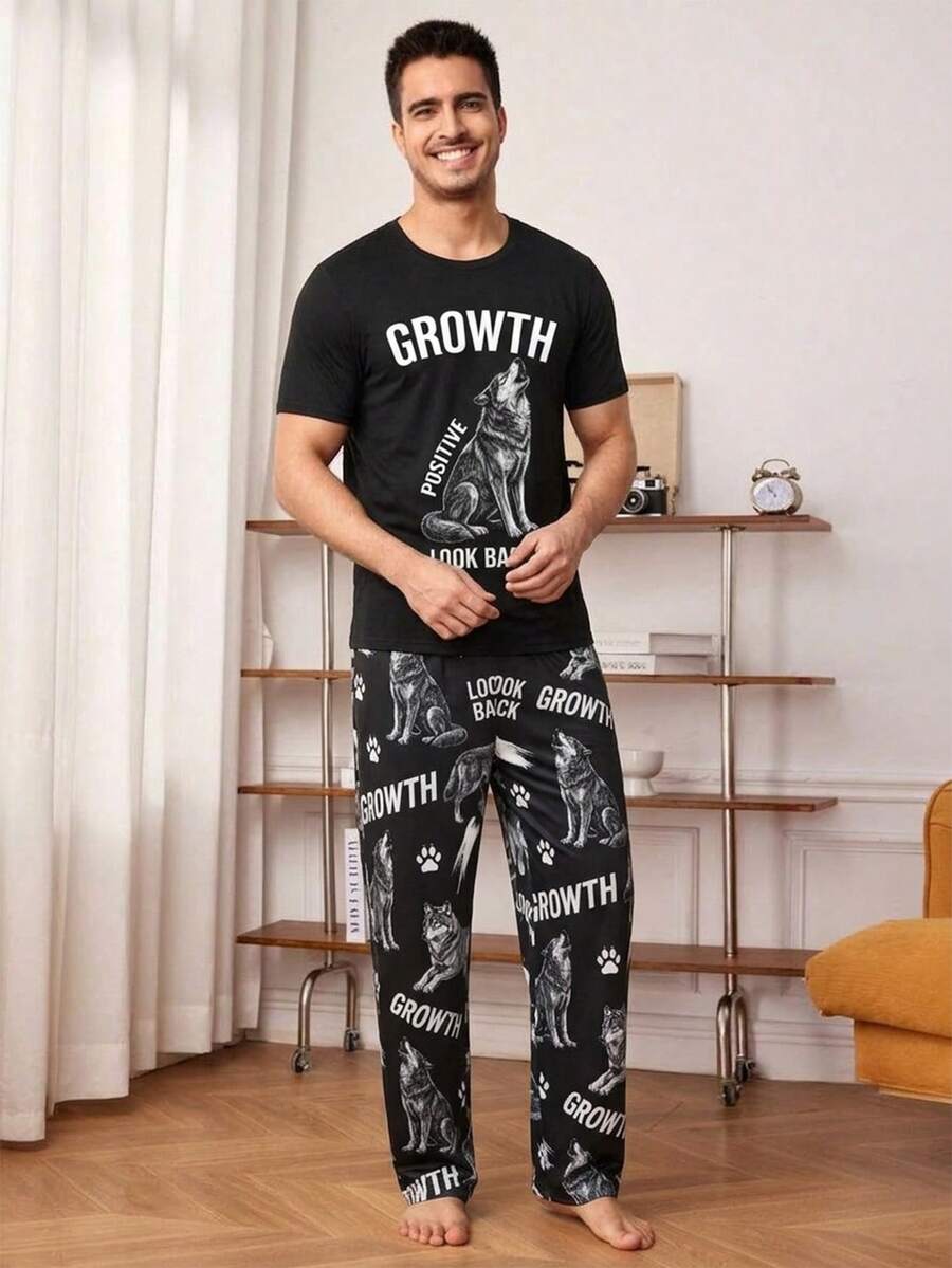 طقم بيجامة رجالي مكون من بنطلون وتي شيرت بطبعات الذئب والحروف، تصميم مضحك، مريح للاستخدام المنزلي والاسترخاء أو للارتداء في عطلات...