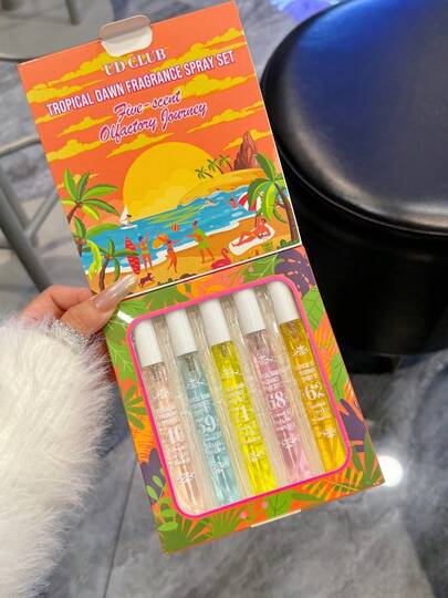 5pcs/Set Tropical Series Fragrance Mist, With Gift Box, Limited Edition Aromatherapy Indoor/Outdoor Air Freshener, Multi-Layer Uplifting Blissful Mist With Long-Lasting Natural Fresh Alluring Essence, Suitable For Dates, Parties, Gatherings, Travel, Holidays, Home, Hotel, Office, Ideal Gift For Family, Relatives And Friends