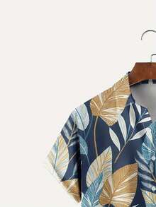 Golden And Blue Tropical Leaf Pattern Symbolizing Freedom And Natural Vitality 3D Print Short Sleeve Button Up Casual Men's Summer Shirt - trắng - Xem 2