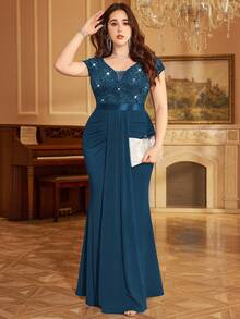 Plus Deep V-Neck Sequin Lace Contrast Ruched Draped Front Mermaid Hem Evening Party Formal Dress - Dusty Blue - View 4