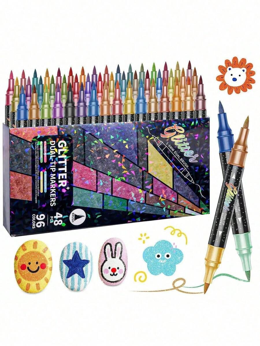 12/24/36/48 Colors Glitter Brush Markers, Dual-Tip Dual-Color 1-5mm Soft Brush Tip Glitter Markers, Suitable For Doodle, Writing, Glitter Art Craft, Adult DIY, Greeting Card Making, Office & School Supplies, Back To School - Multicolor - View 1