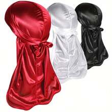 ZTZI 3Pcs Satin Durag, Black White Silk Wave Cap With Long Tail For Braids Dreadlocks 360 Waves Solid Color Polyester (Polyester) Durag All Season - S3pcs4801 - View 12