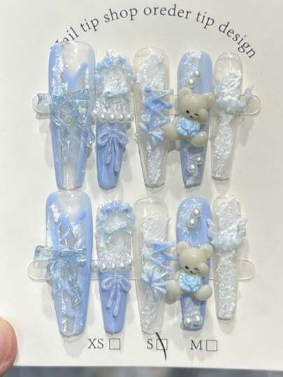 10pcs French Lace Handmade False Nails, 3D Cute Bear, Bow, Pearl, Blue Lolita Style Long Nails (Includes 1 Jelly Sticker + 1 Nail File)