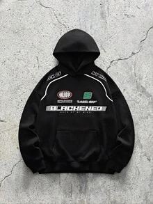 EVRINFINITE 男士标语图案口袋连帽衫，秋季款，长袖上衣 - 黑色 - 查看 1