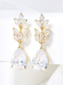 2只简约四叶草立方氧化锆水滴吊坠耳环，适合青少年日常佩戴 - 耳飾 - 查看 3