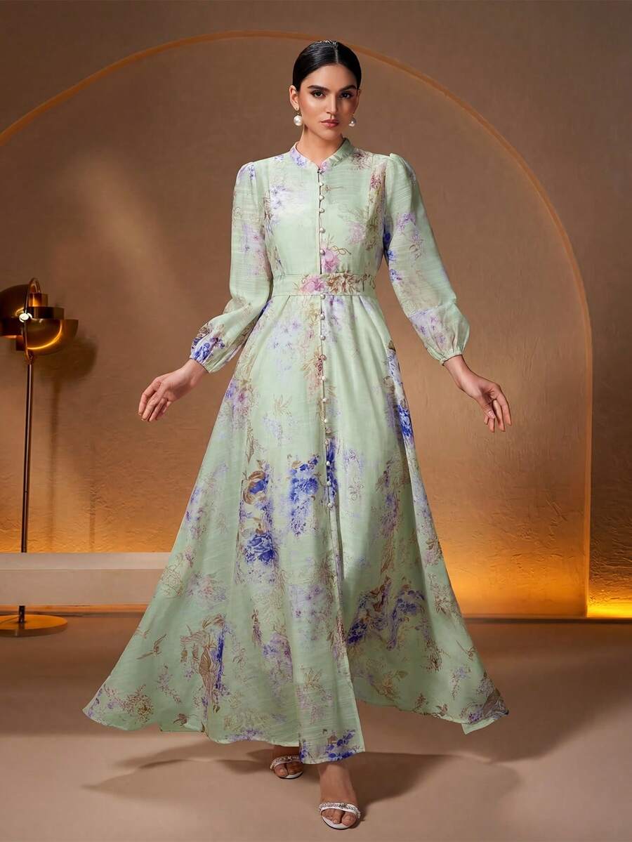 女士优雅长袖花叶印花两件套连衣裙，波西米亚风格，配腰带和纽扣，正式晚礼服度假装 - 薄荷綠 - 查看 1