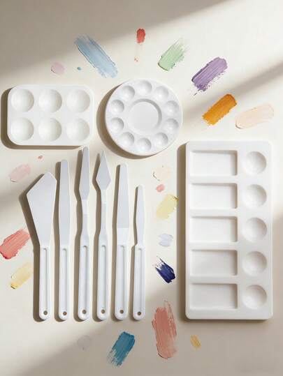 Bộ 9 khay nhựa tròn/vuông - Khay pha màu nước acrylic trắng cho học sinh - Khay nhiều ngăn, thích hợp cho vẽ tranh và phối màu, dụng cụ nghệ thuật tự làm - Đồ dùng học tập