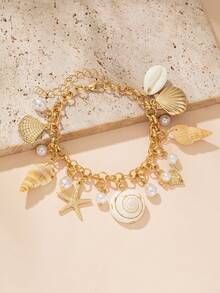 1pc Shell & Starfish Faux Pearl Pendant Beaded Bracelet, Ocean Element Casual Jewelry, Suitable For Women To Wear In Summer Beach Vacation And Daily Commute - Multicolor - View 3