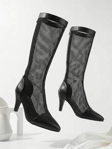 新款网眼尖头过膝长靴，黑白配色，细高跟，后拉链，女士款，春秋季 - 黑色 - 查看 6
