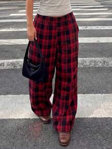 Women's Red & Black Plaid Wide Leg Pants | High Waist Elastic Casual Trousers Suitable For Street Style And Spring Wear - Multicolor - View 2