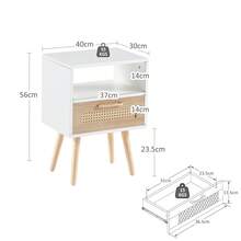 Rattan Side Table With Drawer And Solid Wood Legs, Modern Bedside Table, Side Table For Living Room, Bedroom, White - H55/W40/D30 Cm - White + Natural + Medium Density Fiberboard - View 4