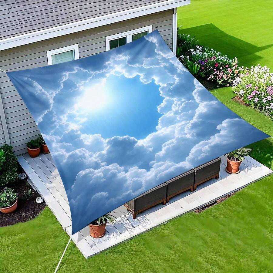 1pc 2D Printed Blue Sky & Cloud Art Canopy, Easy To Store And Install, Suitable For Yard, All-Season Garden, Camping, Outdoor Shade, Comes With Fixing Ropes - A - View 1