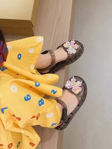 Giày sandal đính nơ lấp lánh cho bé gái, kiểu dáng công chúa hở mũi, quai ngang mắt cá chân, thích hợp cho mùa hè đi biển và mặc hàng ngày. - màu đen - Xem 4