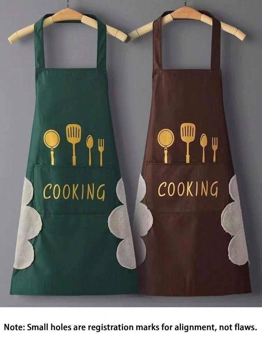 1 pièce Tablier avec motif couteau et fourchette avec lettrage "Cooking", tablier imperméable, résistant à l'huile et aux taches pour la cuisine à la maison, le café, le restaurant, le nettoyage extérieur, convient aux hommes et aux femmes (le petit trou sur le tablier est un trou de positionnement, pas un défaut) - Multicolore - Voir 1