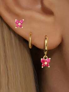 Conjunto de aretes elegantes y de moda con cristales para mujeres - 3 piezas - Oro - Ver 2