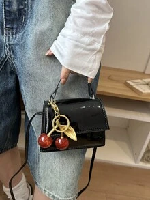 1个迷你新款时尚简约纹理布手提包，小方包，口红包，百搭甜美可爱单肩包，附赠樱桃吊坠 - 黑色 - 查看 4