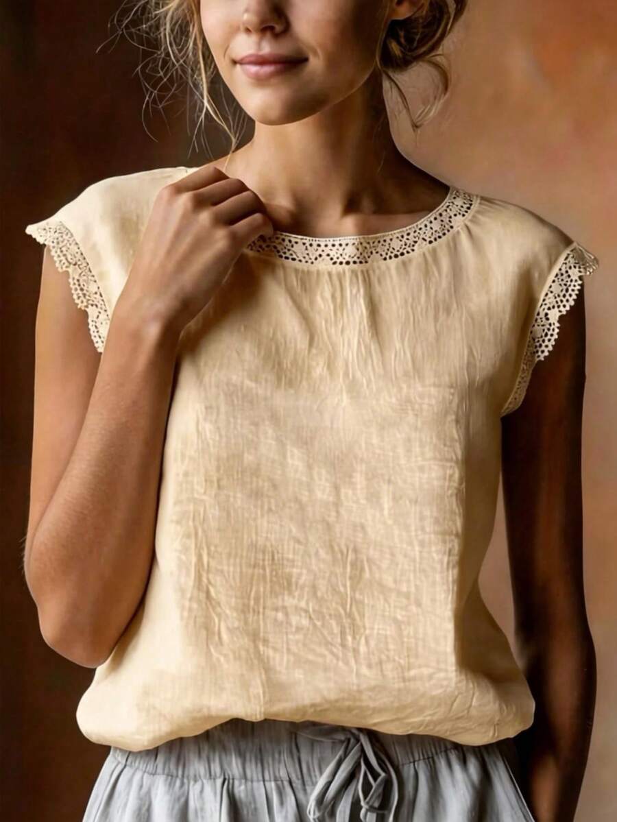 Blusa holgada de unicolor con adorno de encaje en mangas de murciélago, para uso casual, vacaciones y viajes diarios de mujeres - Albaricoque - Ver 1