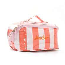 Personalized Striped Colorblock Cosmetic Bag, Pillow Shape Makeup Organizer With Zipper, Portable Travel Toiletry Bag, Open Flat Toiletry Bag, Gift - Multicolor - View 13