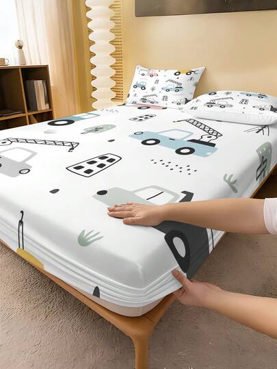 1pc Funny Car Travel Printed Fitted Sheet (Only Fitted Sheet, No Pillowcase), Fits Twin/Full/Queen/King Size Bed. Decorative Item For Bedroom, Guest Room, Dorm, Hotel, Suitable For All Seasons. Great Gift For Parents, Friends, Partner