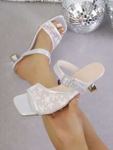 Giày sandal cao gót mũi vuông buộc dây kiểu Âu và Mỹ mới, thanh lịch, đa năng, phù hợp để mang hàng ngày và dự tiệc dành cho nữ. - Bạc - Xem 1