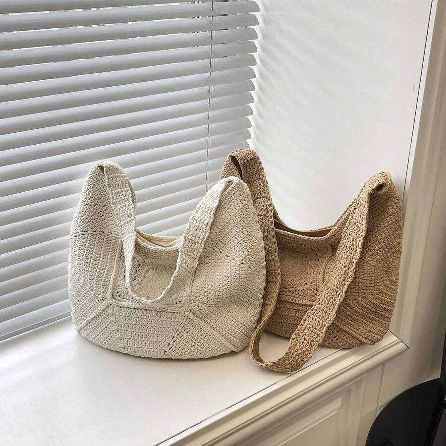 1件简约纯色天然棉手工钩编新月形包，祖母拼布设计，肩背/腋下两用，拉链封口，波西米亚风，编织手提包，海滩度假，法式休闲时尚，编织腋下包，春夏度假，复古艺术风，通勤外出