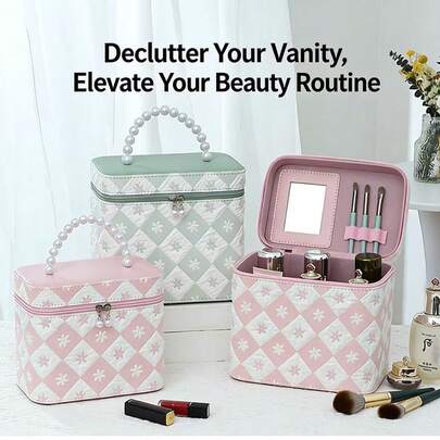 高级大容量化妆包 - 便携式旅行多功能化妆品收纳包 - 防水手提圆筒化妆箱