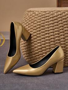 MonaNise Women's Pointed Toe Fashion 7cm Chunky High Heel Shoes, Versatile For Parties, Casual And Formal Occasions - Gold - View 6