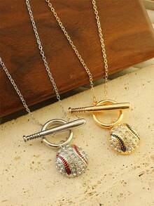 1pc Baseball Bat Pendant Necklace, Cubic Zirconia Inlaid, Sports Theme Jewelry, Women's Gift, Versatile Accessory, Suitable For Daily Wear, Party, Gifting, Unisex - Multicolor - View 5
