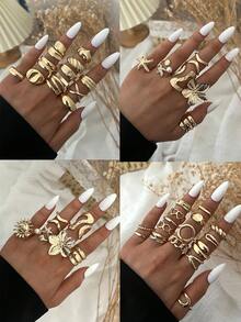 Conjunto de 20/14/6 anéis femininos vintage elegantes em estilo boêmio, com design geométrico assimétrico, apresentando estrela-do-mar, girassol, coração, gota d'água e pérola. Design vazado com múltiplos elementos, ideal para uso diário, festas, praia, encontros e como presente em feriados (envio aleatório). - Ouro - Ver 2