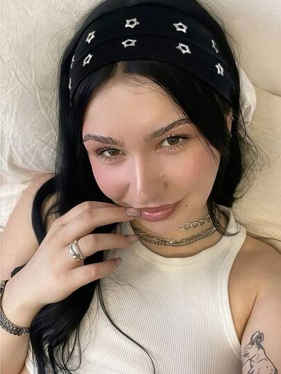 1pc Women's Star Print Wide Headband, Y2K Goth Punk E-Girl Streetwear Style Non-Slip Breathable Elastic Comfortable Fabric Stretchy Headpiece, Fashion Hair Accessory For Daily Wear, Fitness, Running, Music Festivals, Parties, Casual Looks