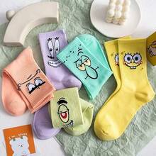 SpongeBob SquarePants 1双动漫风格棉袜，透气中筒袜，舒适袜子，学生礼物 - 海綿 - 查看 5