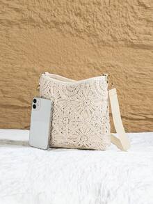 夏季波西米亚风镂空钩编水桶包，度假风棉质织带斜挎包，独特设计女士单肩包，礼物，学生款 - 米色 - 查看 2