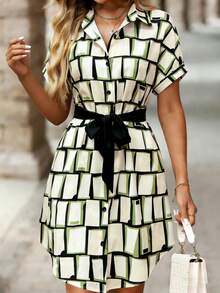 Đầm sơ mi nữ tay ngắn cổ bẻ, thắt lưng, in họa tiết, kiểu dáng tối giản thanh lịch, thích hợp cho mùa xuân/hè. - trắng - Xem 5